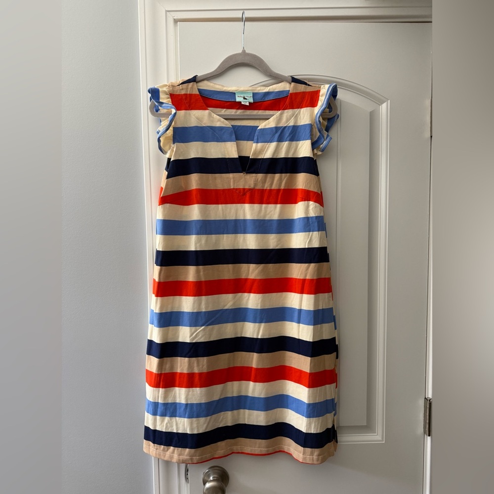 Striped Flutter-Sleeve Mini Dress in Navy, Red, Light Blue & Cream